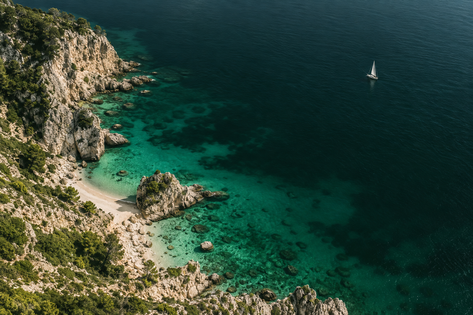 A quiet Mediterranean-style bay, with a small sailboat on clear emerald water beside a sunlit rocky coastline.